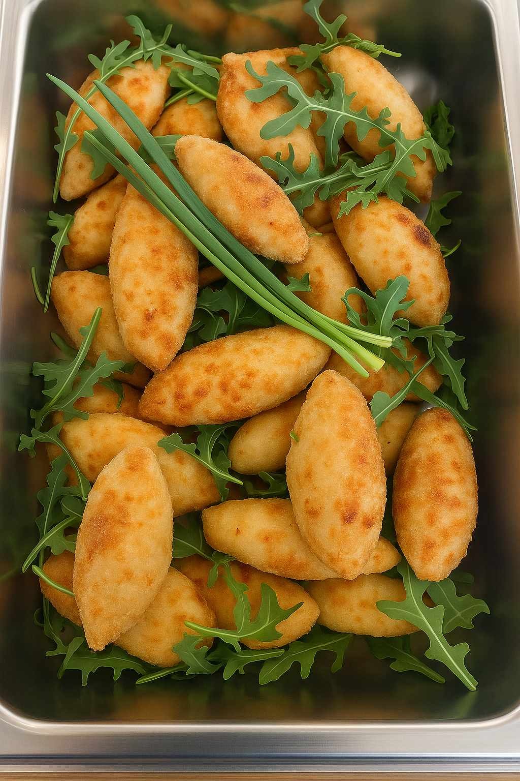 Złociste krokiety w metalowej brytfannie, udekorowane świeżą rukolą i szczypiorkiem. Idealne na firmowe przyjęcie lub świąteczny stół.