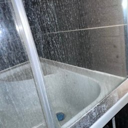 Porządkowa Symfonia - Zaniedbana łazienka: silnie zabrudzona kabina prysznicowa, zacieki na ciemnych płytkach i osad na armaturze. W tle fragment wanny. Wymaga gruntownego czyszczenia.