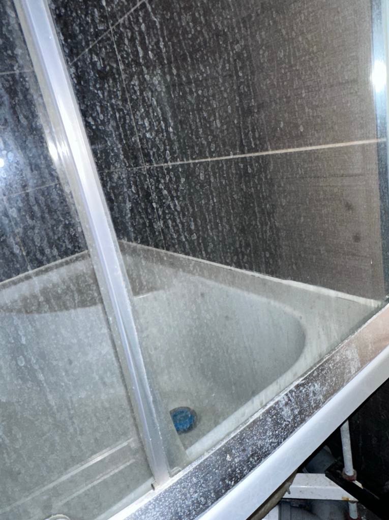 Zaniedbana łazienka: silnie zabrudzona kabina prysznicowa, zacieki na ciemnych płytkach i osad na armaturze. W tle fragment wanny. Wymaga gruntownego czyszczenia.