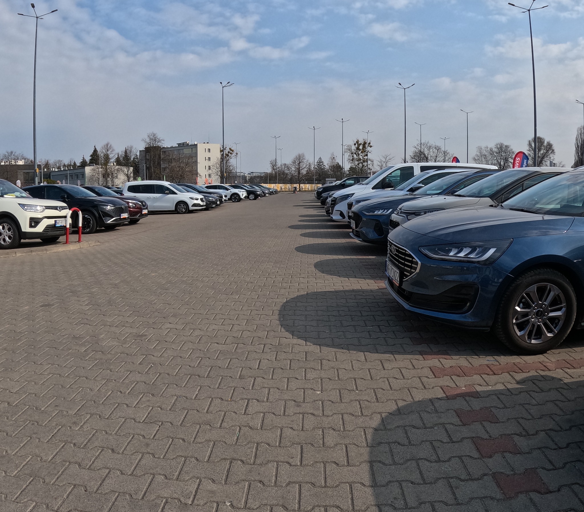 Rząd zaparkowanych samochodów różnych marek i kolorów na parkingu wypożyczalni, z widocznymi budynkami w tle i słupami oświetleniowymi.