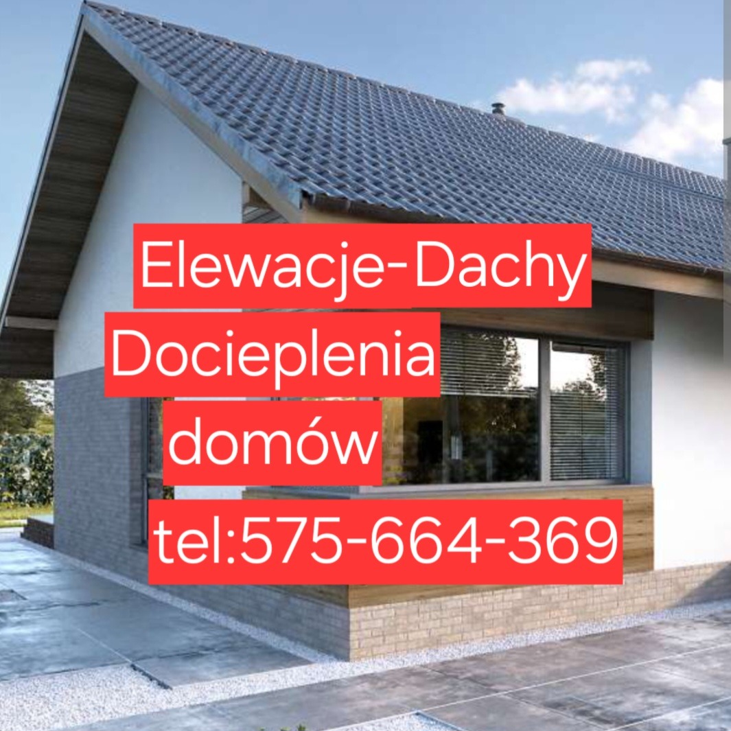 Wizualizacja domu jednorodzinnego z szarą elewacją i dachem pokrytym dachówką, nałożone czerwone bloki z tekstem i numerem telefonu.