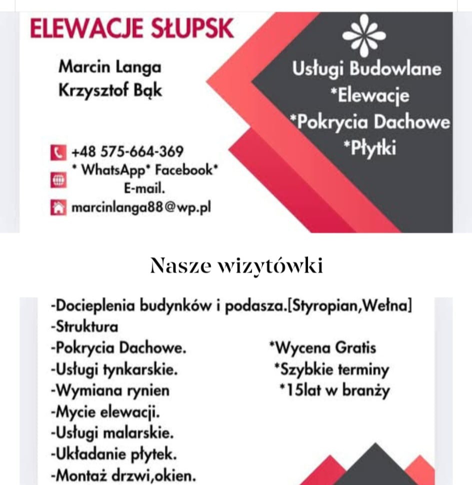 Wizytówka firmy z Słupska oferującej usługi budowlane, elewacje, pokrycia dachowe i układanie płytek, z numerem telefonu, adresem e-mail i informacjami o dociepleniach, tynkowaniu, wymianie rynien,...