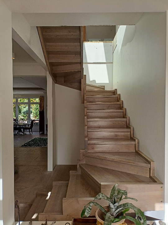 Jasne, drewniane schody bez balustrady w nowoczesnym wnętrzu, z widokiem na salon i rośliną doniczkową w dolnej części kadru. Naturalne światło wpada przez okno.