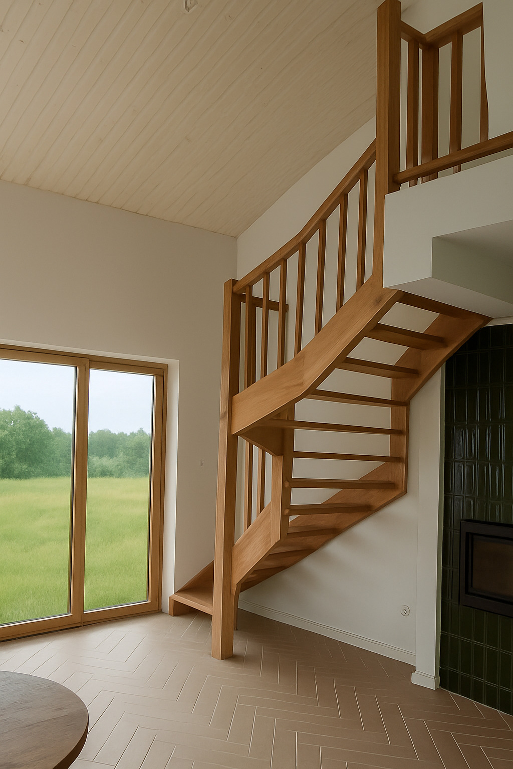 Jasne, drewniane schody z balustradą w nowoczesnym wnętrzu. Widoczne duże okno z widokiem na zieleń i fragment podłogi ułożonej w jodełkę. Minimalistyczny styl.
