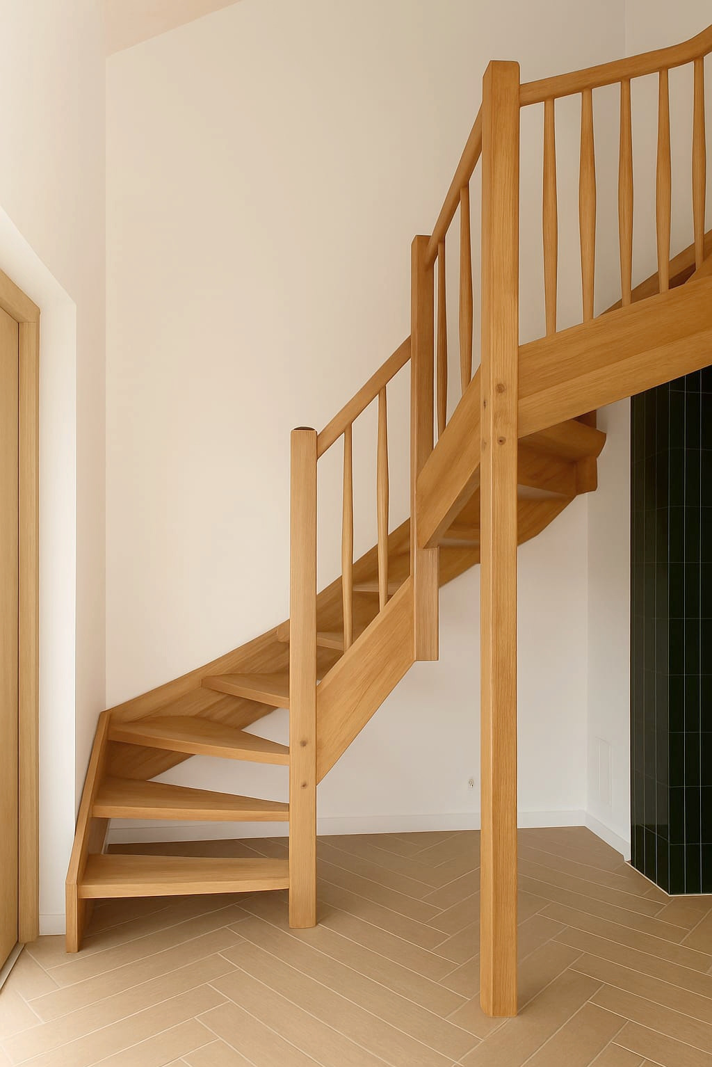 Jasne, drewniane schody z balustradą w nowoczesnym wnętrzu. Parkiet ułożony w jodełkę, minimalistyczny design, widoczne detale obróbki drewna.