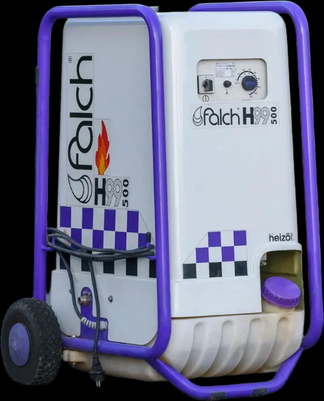 Przenośny, biały agregat czyszczący Falch H999 500 z fioletową ramą i kołami, widoczne logo z płomieniem i naklejki w szachownicę.