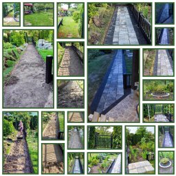 Szpad_bruk - Kompozycja zdjęć przedstawiających etapy budowy ścieżki w ogrodzie: przygotowanie podłoża, układanie obrzeży i kostki, widok na gotową ścieżkę z czarną barierką i roślinnością.