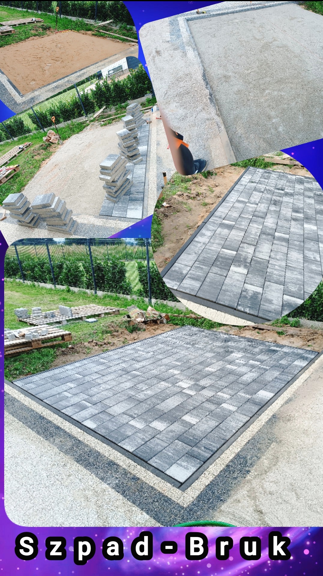 Kompozycja zdjęć przedstawiająca etapy układania szarej kostki brukowej na przygotowanym podłożu, widoczne palety z kostką i fragment ogrodu w tle.