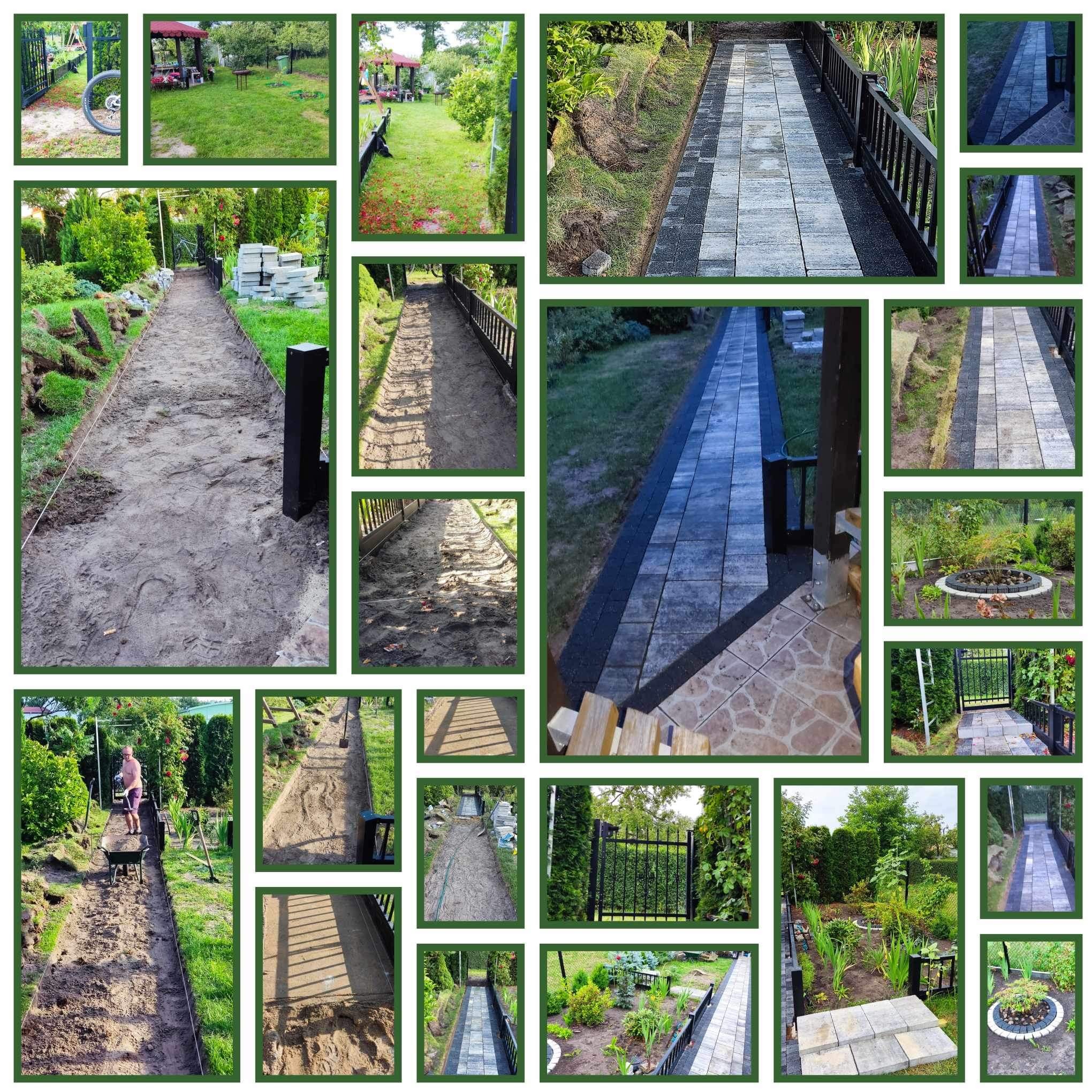 Kompozycja zdjęć przedstawiających etapy budowy ścieżki w ogrodzie: przygotowanie podłoża, układanie obrzeży i kostki, widok na gotową ścieżkę z czarną barierką i roślinnością.