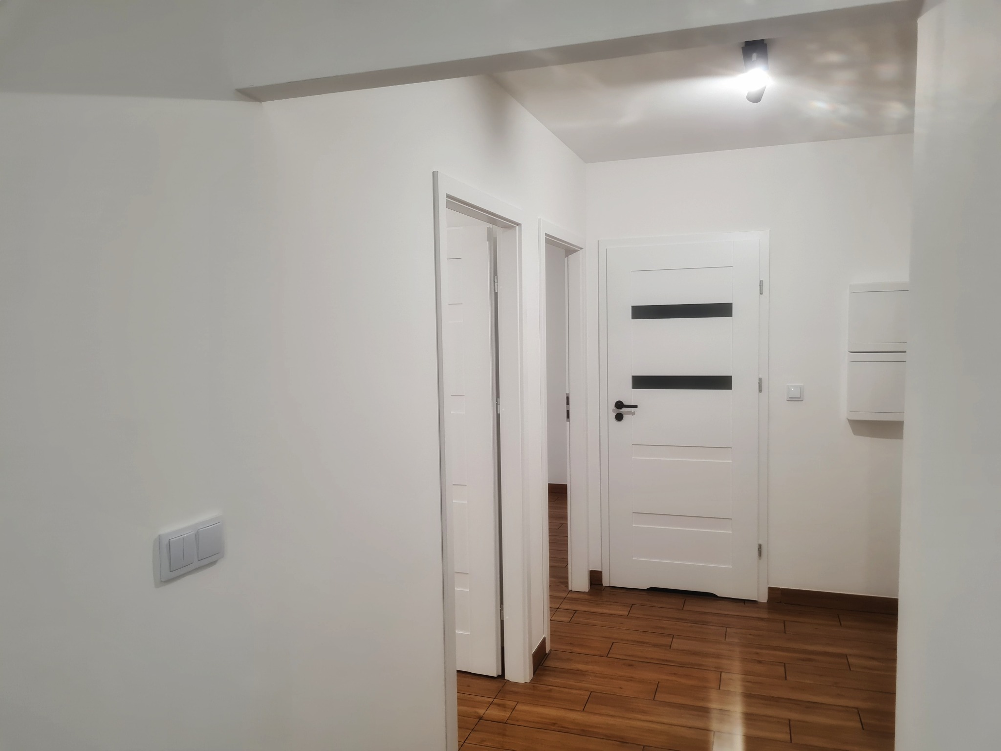 Wnętrze przedpokoju po remoncie: białe ściany z włącznikiem światła, drewnopodobna podłoga, trzy białe drzwi z czarnymi akcentami, oświetlenie punktowe.