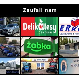 instaltechnik - Kolaż z logotypami firm z różnych branż, w tym motoryzacyjnej, spożywczej, rolniczej, budowlanej i edukacyjnej, z hasłem 'Zaufali nam' u góry.
