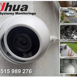 instaltechnik - Kamera sferyczna marki Dahua Systemy Monitoringu z widocznym numerem telefonu kontaktowego i podglądem z monitoringu: parking, wnętrze sklepu, ogród i nocny widok ścieżki.