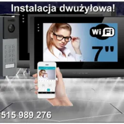 Zestaw wideodomofonowy dwużyłowy z panelem zewnętrznym, monitorem 7 cali z WiFi i aplikacją mobilną, prezentowany na futurystycznym tle.