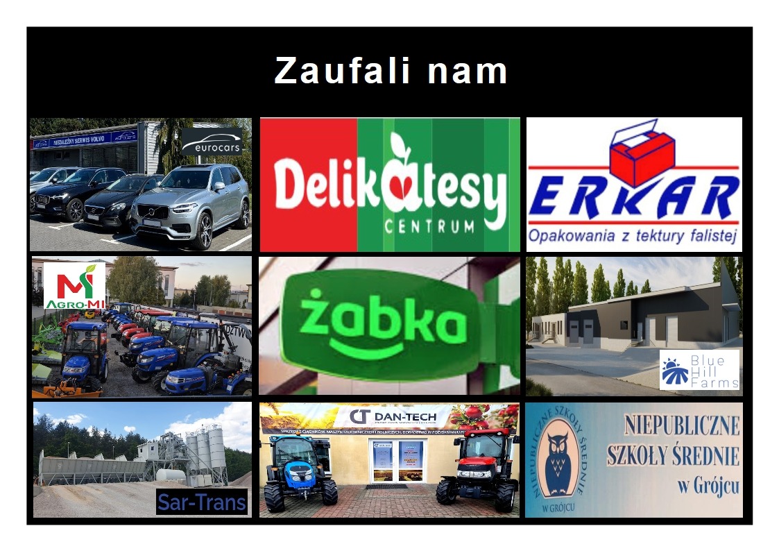 Kolaż z logotypami firm z różnych branż, w tym motoryzacyjnej, spożywczej, rolniczej, budowlanej i edukacyjnej, z hasłem 'Zaufali nam' u góry.