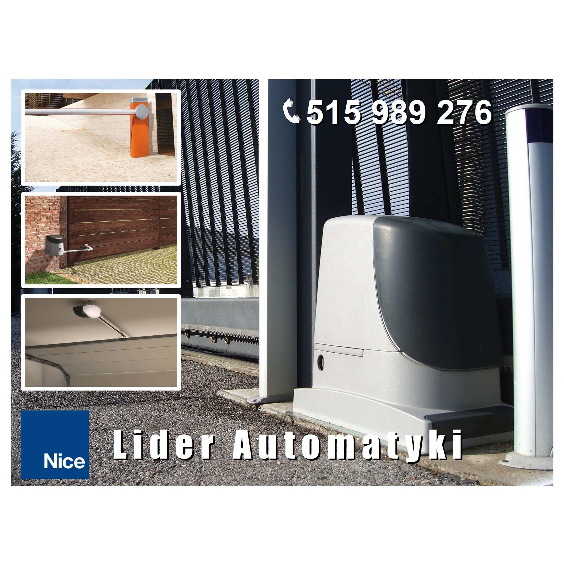 Kompozycja zdjęć z automatyką do bram: szlaban, brama skrzydłowa i garażowa, centrala sterująca, logo firmy Nice oraz numer kontaktowy.