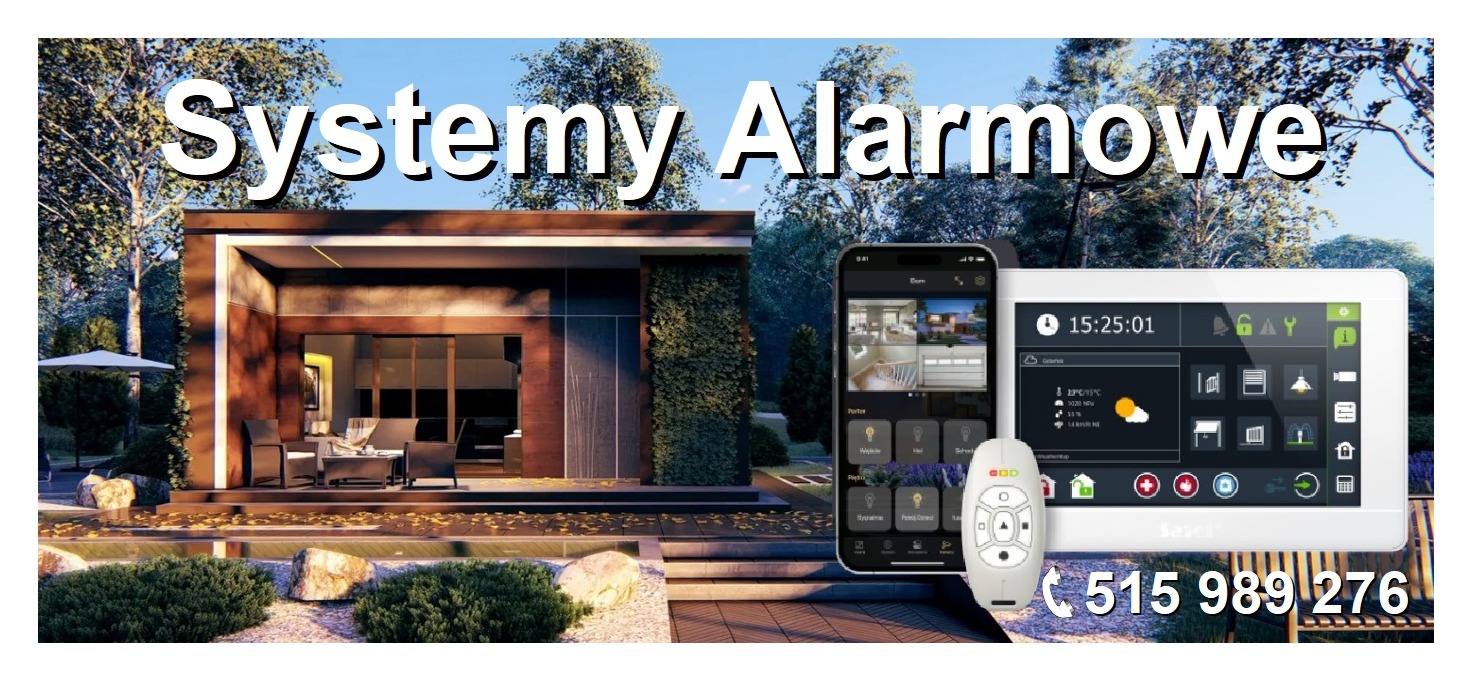 Inteligentny dom: Panel sterowania, smartfon z aplikacją i pilot do systemów alarmowych prezentowane na tle nowoczesnego domu z tarasem i ogrodem.