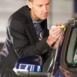 Mężczyzna w garniturze ocenia stan lakieru samochodu za pomocą specjalnego pisaka.