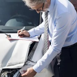 Rejestracja, ubezpieczenie, rzeczoznawca - Rzeczoznawca w okularach i krawacie, w jasnej koszuli, dokonuje oględzin uszkodzonego, białego samochodu i sporządza notatki na schowku z dokumentami.
