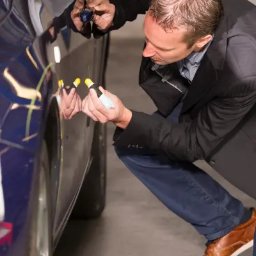 Rejestracja, ubezpieczenie, rzeczoznawca - Mężczyzna w garniturze kuca obok niebieskiego samochodu, aplikując środek do usuwania rys z karoserii przy użyciu aplikatora z żółtą końcówką.