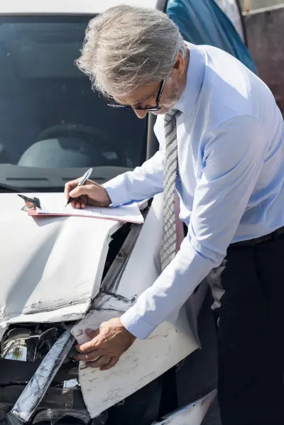 Rzeczoznawca w okularach i krawacie, w jasnej koszuli, dokonuje oględzin uszkodzonego, białego samochodu i sporządza notatki na schowku z dokumentami.