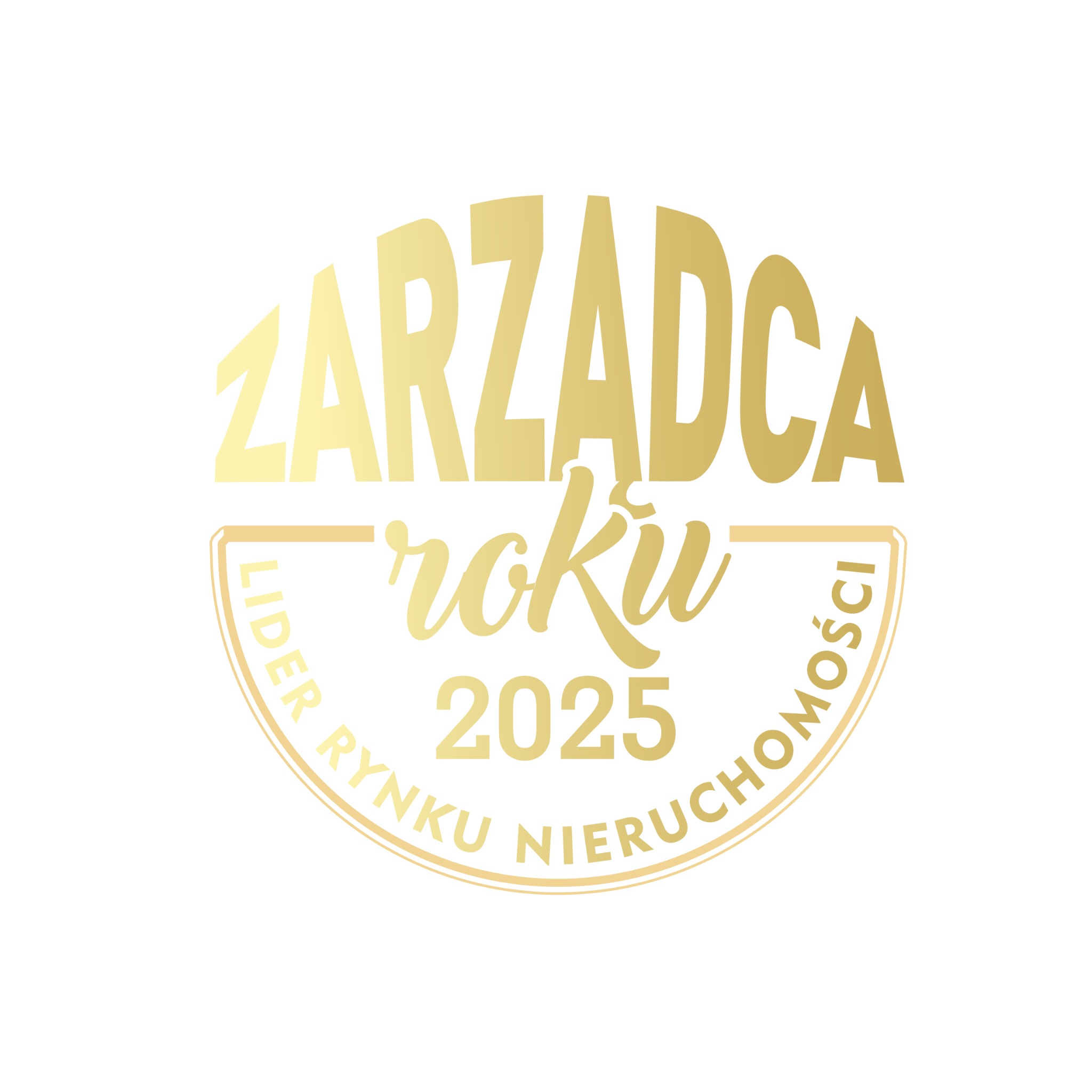 Złote logo 'Zarządca Roku 2025' z napisem 'Lider Rynku Nieruchomości' w półkolu, na białym tle. Nagroda dla najlepszego zarządcy.