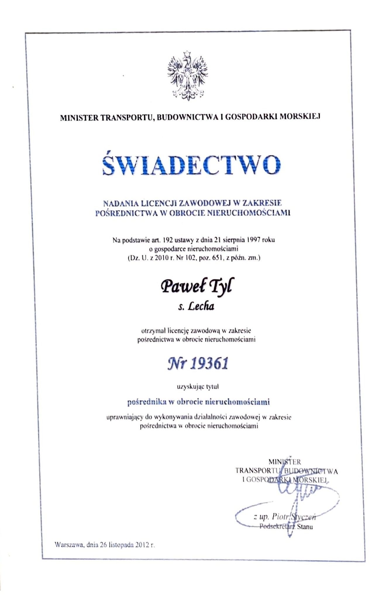 Państwowa licencja pośrednika Nr 19361