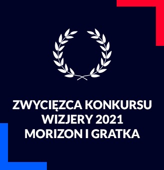 Logo firmy Morizon i Gratka, zwycięzcy konkursu Wizjery 2021, na granatowym tle z białym laurem i czerwono-niebieskimi akcentami w rogach.
