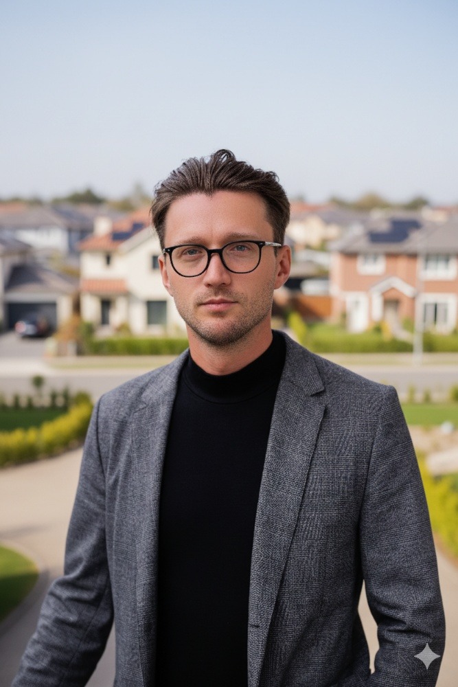 Portret agenta nieruchomości w okularach, w tle osiedle domów jednorodzinnych z panelami słonecznymi na dachach, ubrany w czarny golf i szarą marynarkę.