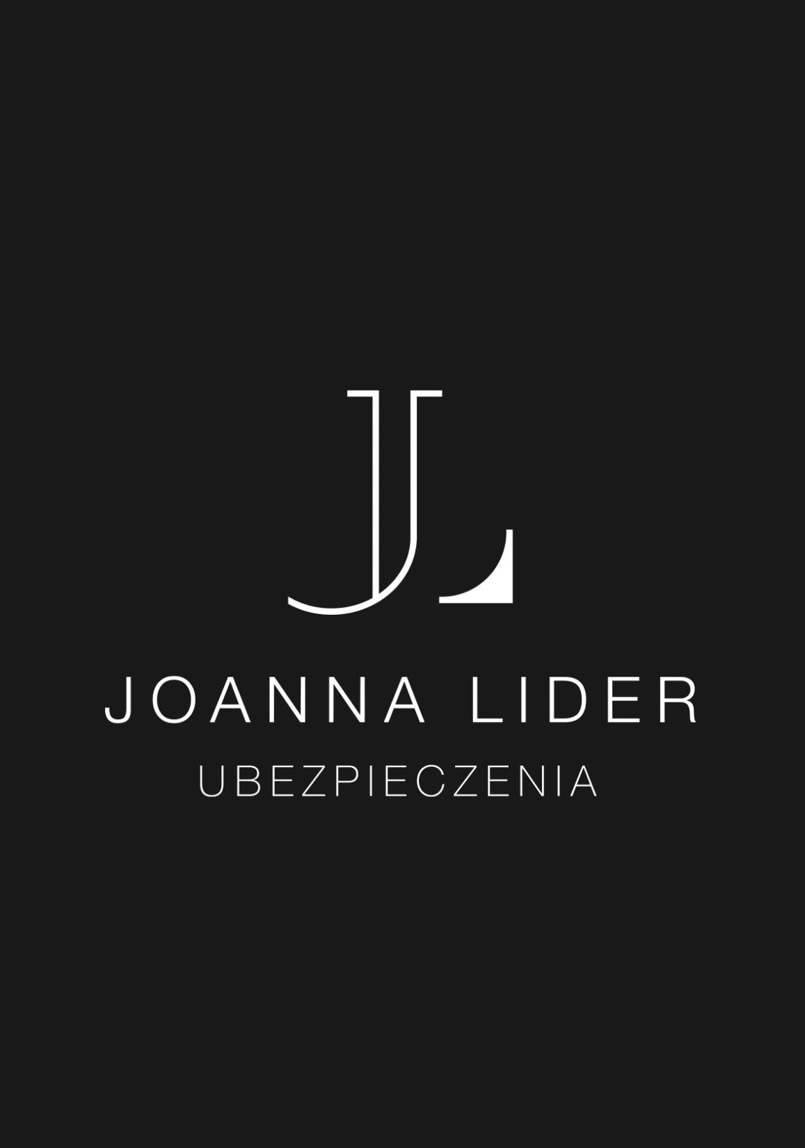 Minimalistyczne logo firmy ubezpieczeniowej Joanna Lider z inicjałami JL w bieli na czarnym tle.