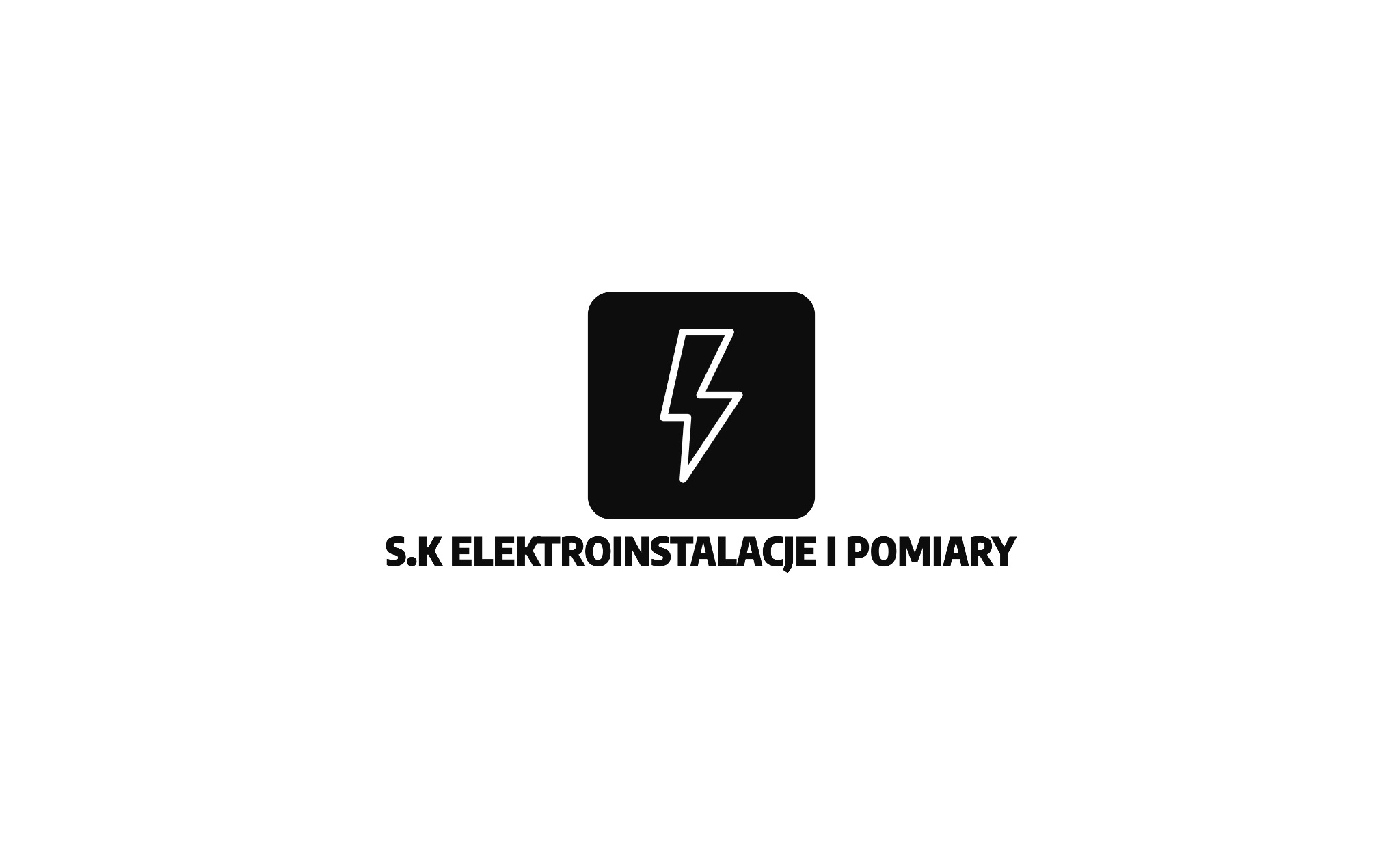Logo firmy S.K Elektroinstalacje i Pomiary z Mikołowa. Czarny kwadrat z białą błyskawicą i nazwą firmy. Prosty, nowoczesny design.