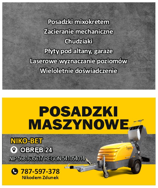 Żółto-szara grafika reklamowa firmy NIKO-BET oferującej posadzki maszynowe, z numerem telefonu i adresem, prezentująca również maszynę do posadzek.