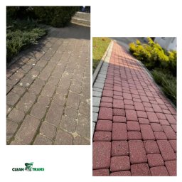 CleanTrans Bartosz Leśniowski - Porównanie kostki brukowej przed i po czyszczeniu: po lewej stronie zabrudzona, po prawej świeżo umyta, z widoczną różnicą w kolorze i brakiem mchu.