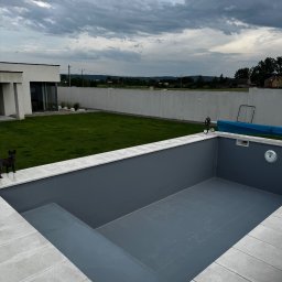 CleanTrans Bartosz Leśniowski - Nowoczesny, pusty basen z szarą niecką i jasnymi płytami na obrzeżach, na tle zadbanego trawnika, białego muru i pochmurnego nieba. Pies w lewym dolnym rogu.