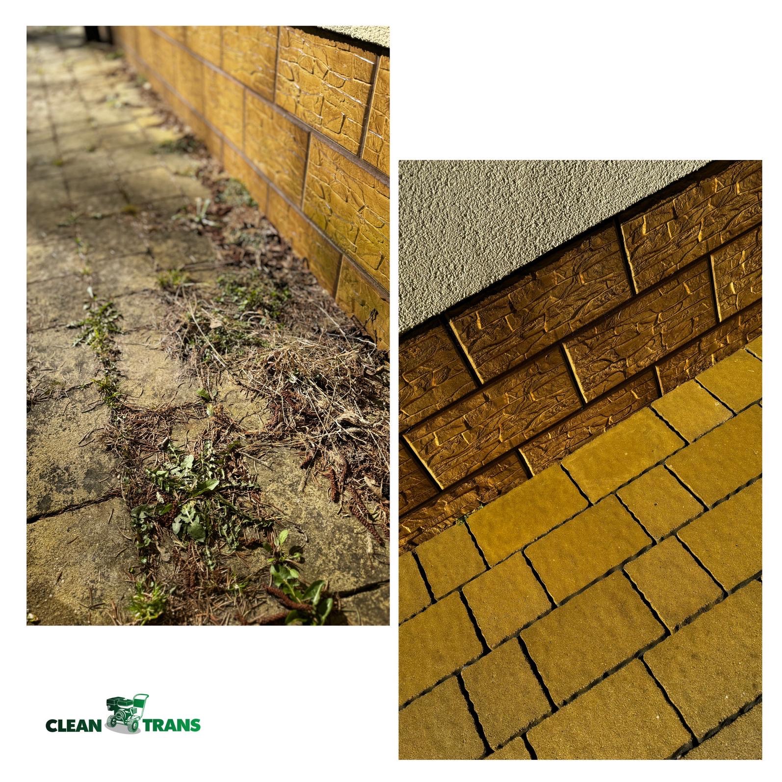 Porównanie stanu kostki brukowej i elewacji przed i po czyszczeniu, widoczne zabrudzenia i odrastające chwasty obok wyczyszczonej powierzchni.