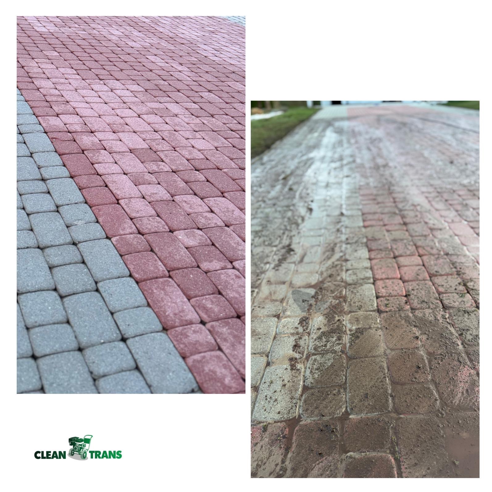 Porównanie kostki brukowej przed i po czyszczeniu: po lewej stronie czysta, szara i różowa kostka; po prawej stronie brudna, mokra kostka po czyszczeniu.