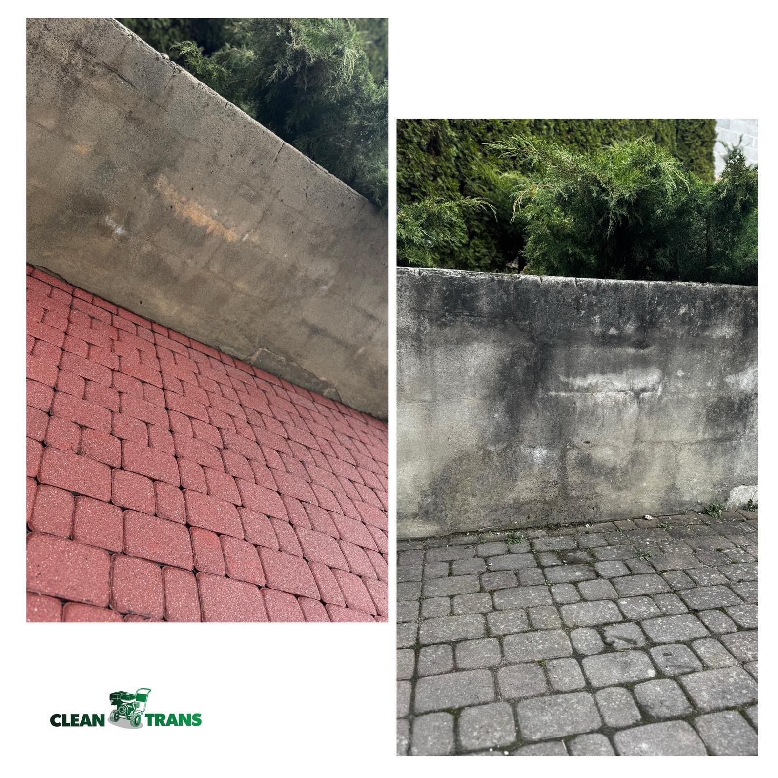 Porównanie: Czerwona kostka brukowa po lewej, czysta i intensywna, kontrastuje z szarą, zabrudzoną kostką po prawej stronie, na której widać porost mchu, a tło stanowi betonowy murek i zielone krzewy.