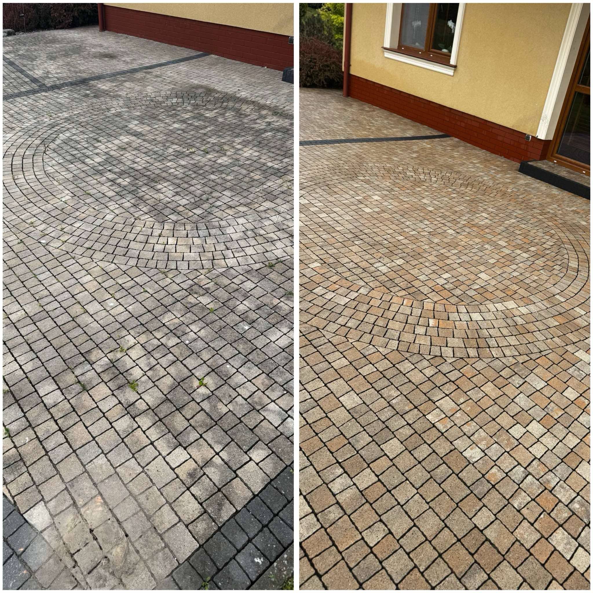 Kostka brukowa ułożona w okrągły wzór, widok przed i po czyszczeniu. Po lewej stronie brudna, po prawej czysta, ukazująca naturalny kolor kamienia.