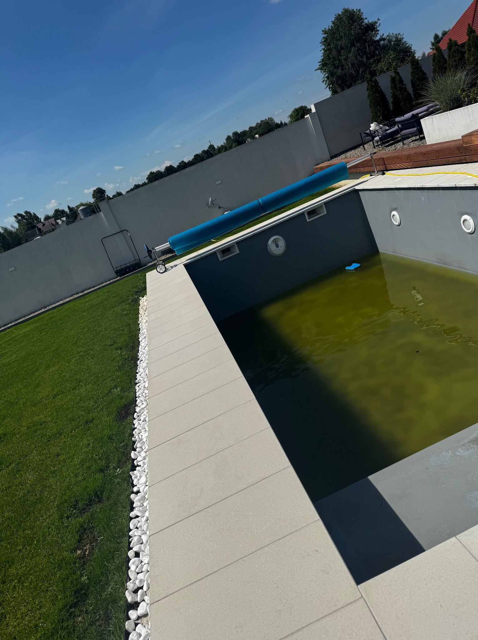 Zaniedbany, pusty basen ogrodowy z zieloną wodą, częściowo zakryty niebieską płachtą. Widoczne białe kamienie, trawnik i wysoki mur w tle.