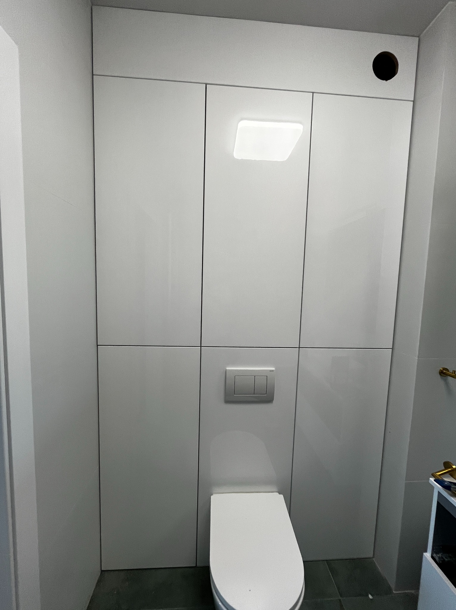 Biała zabudowa WC z szafkami na wymiar, zintegrowana z oświetleniem i przyciskiem spłukiwania. Nowoczesny design, minimalistyczne wykończenie.
