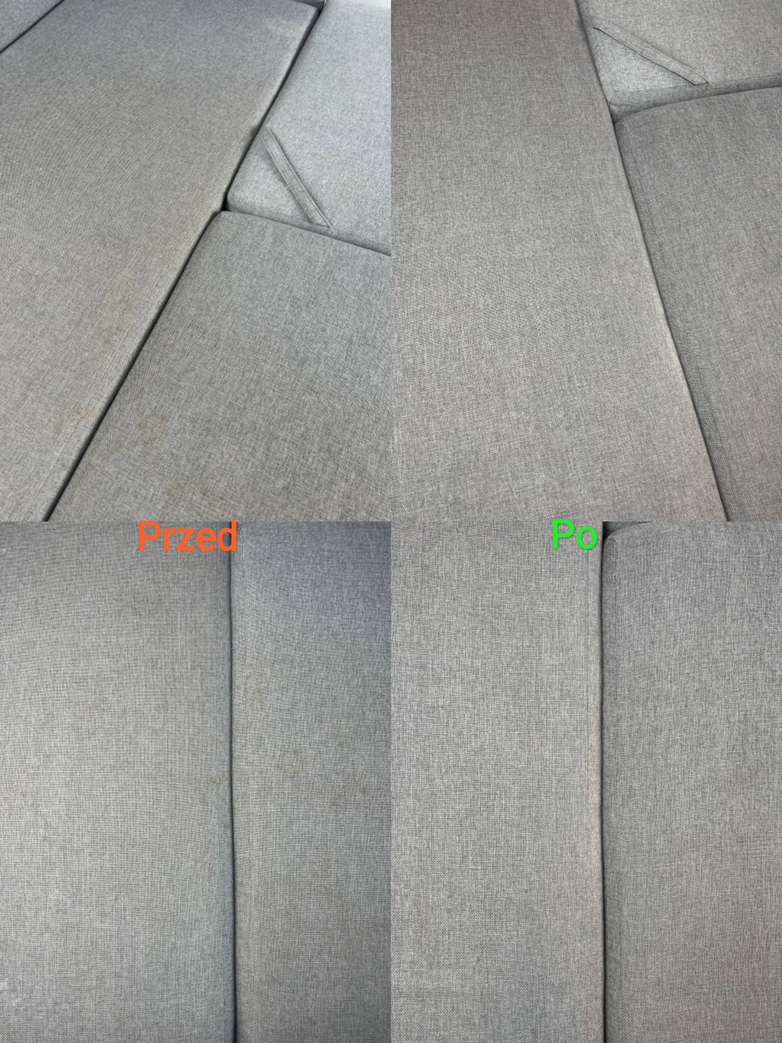 Porównanie 'przed' i 'po' czyszczenia jasnoszarej tapicerki sofy, widoczne plamy usunięte, ukazujące efekt odświeżenia tkaniny.