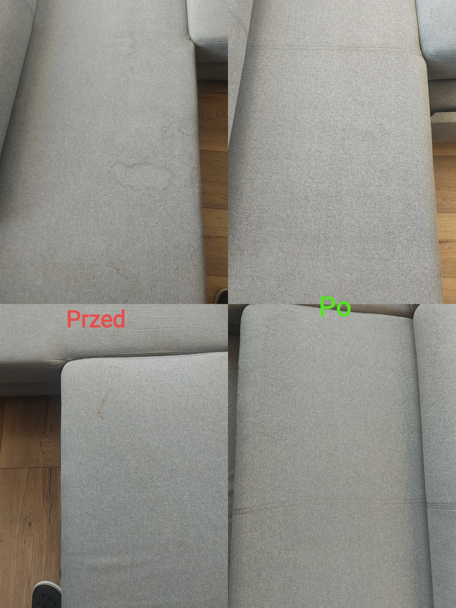 Porównanie stanu sofy przed i po czyszczeniu: widoczne plamy usunięte z szarej tapicerki, z podpisami 'Przed' i 'Po'.