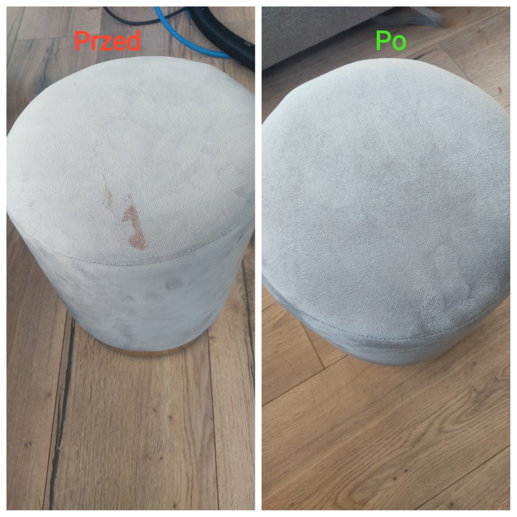 Tapicerowany puf w odcieniach szarości: po lewej stronie widoczne plamy i zabrudzenia przed czyszczeniem, po prawej stronie puf po czyszczeniu, z wyraźnie odświeżoną tapicerką.