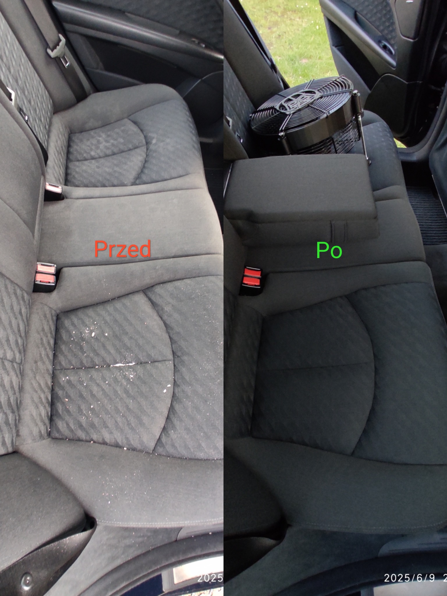 Tapicerka samochodowa tylnej kanapy w ujęciu przed i po czyszczeniu. Po lewej stronie widoczny brud, po prawej czysta tapicerka z podłokietnikiem i wentylatorem.