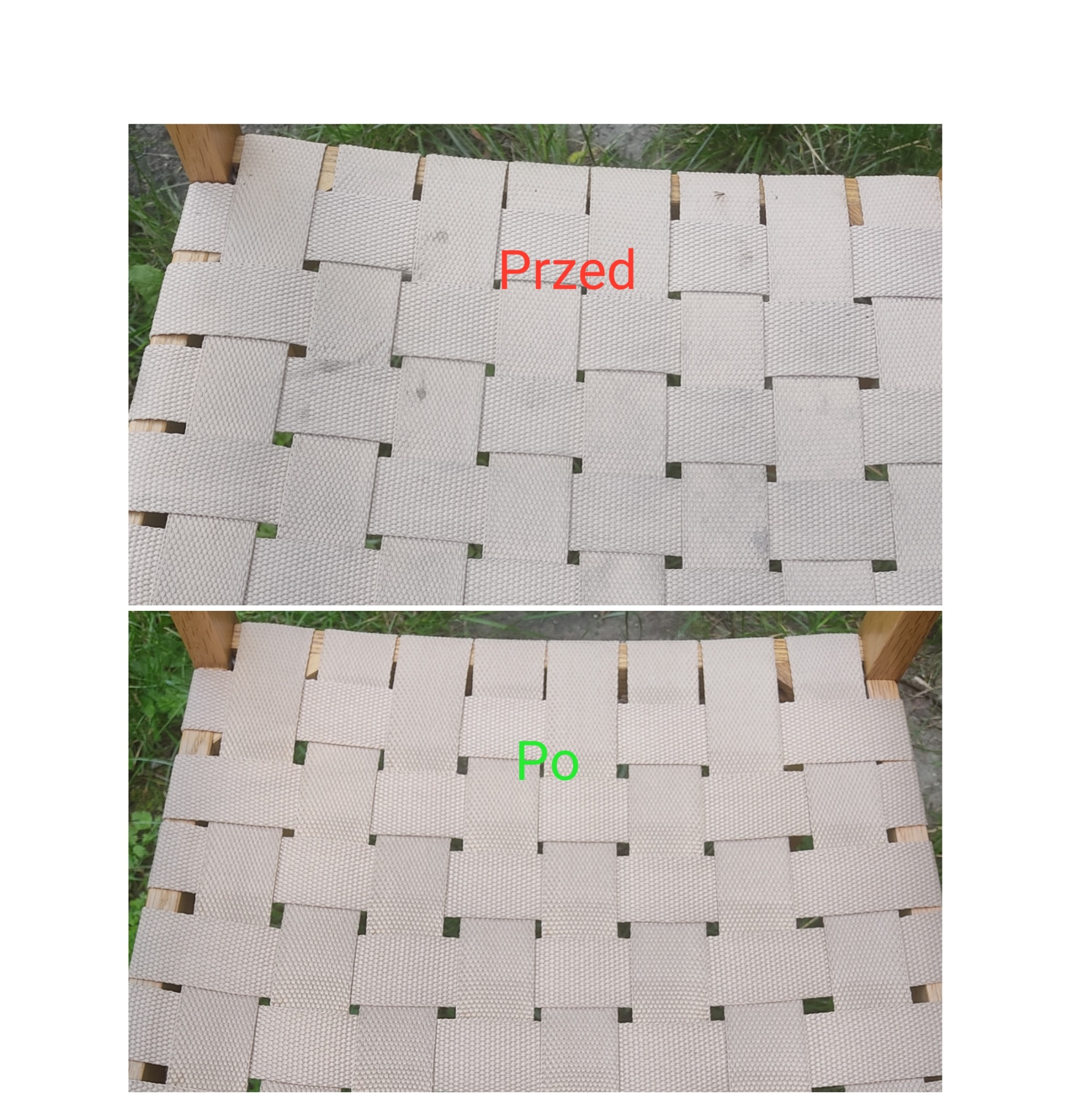 Krzesło po renowacji tapicerki: porównanie 'przed' z plamami i 'po' czyszczeniu, ukazujące odświeżony, beżowy splot pasów na drewnianej ramie.