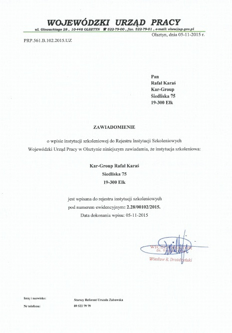 Skan zawiadomienia z Wojewódzkiego Urzędu Pracy w Olsztynie o wpisie Kar-Group Rafał Karaś do Rejestru Instytucji Szkoleniowych, datowane na 05-11-2015, z widocznym podpisem i pieczątką.