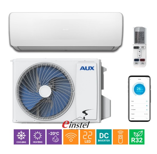 Biała klimatyzacja AUX typu split z pilotem i smartfonem, prezentująca funkcje chłodzenia, grzania, sterowania Wi-Fi i niskotemperaturowego działania.