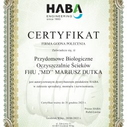 Otrzymaliśmy certyfikat „Firma Godna Polecenia” od HABA, który potwierdza nasze wysokie standardy jakości oraz zadowolenie klientów. Jako firma specjalizująca się w montażu przydomowych oczyszczalni ścieków, zapewniamy profesjonalizm i rzetelność.