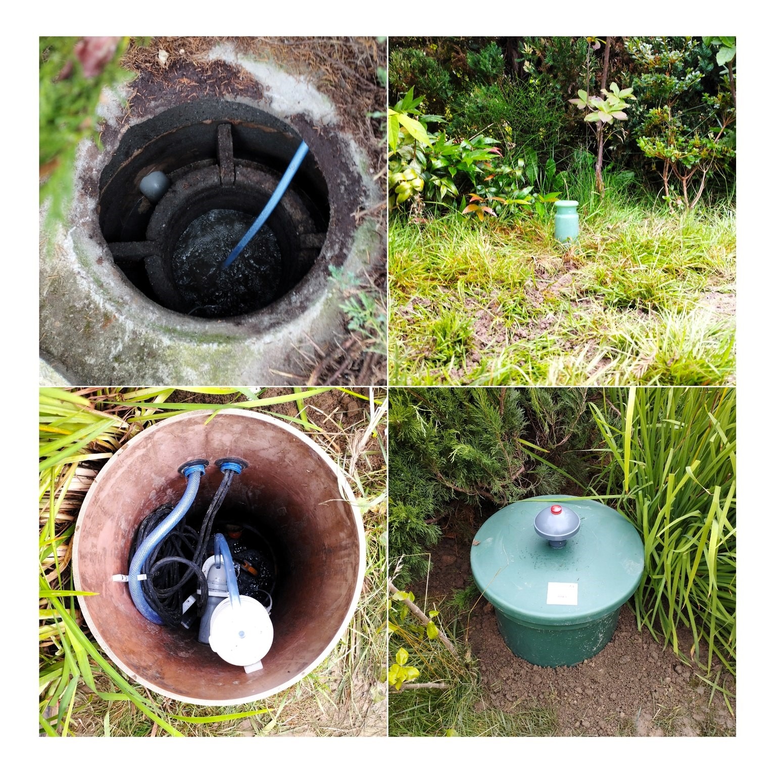 Cztery kadry: studzienka kanalizacyjna z wodą i niebieskim wężem, zielony wlot do instalacji na trawniku, wnętrze studzienki z pompą i wężami, zielona pokrywa instalacji na ziemi obok roślinności.