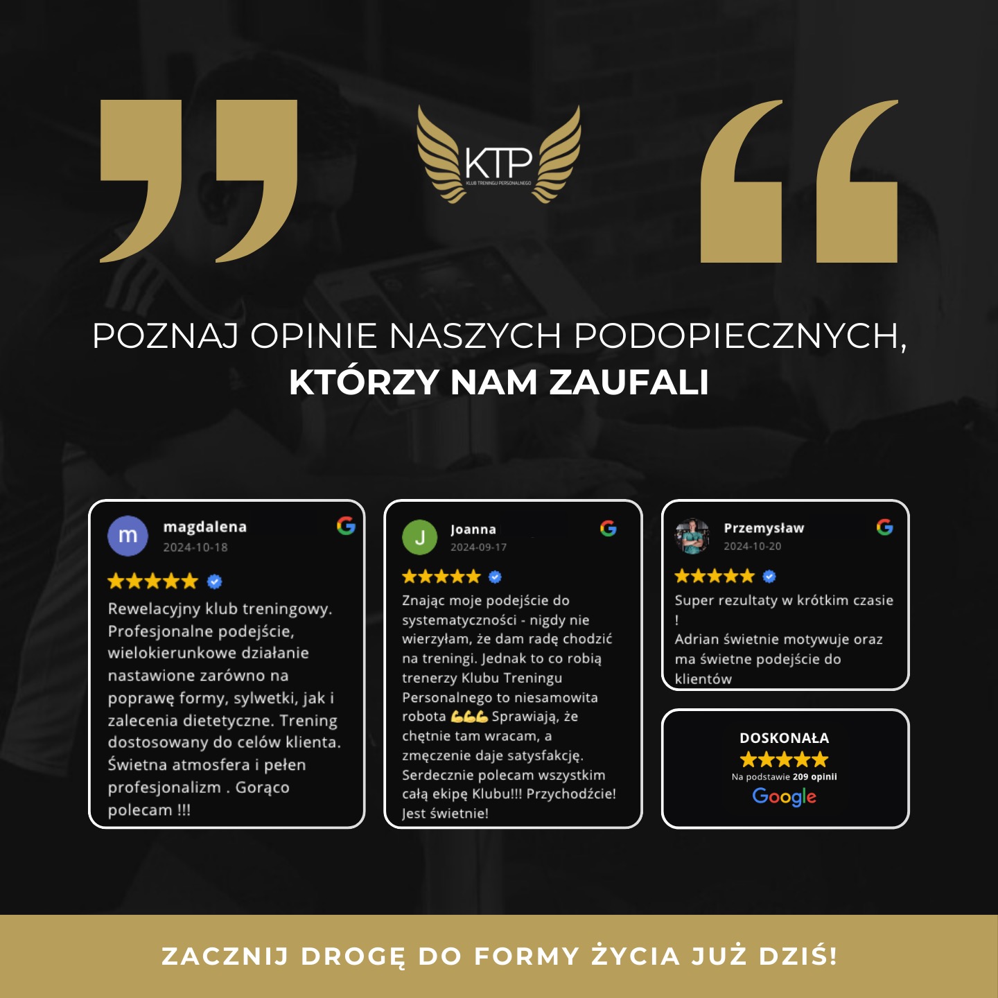 Grafika z opiniami klientów klubu treningowego, zawierająca cytaty z recenzji Magdaleny, Joanny i Przemysława, podkreślające profesjonalizm i efektywność treningów, z logo KTP Klub Treningu...