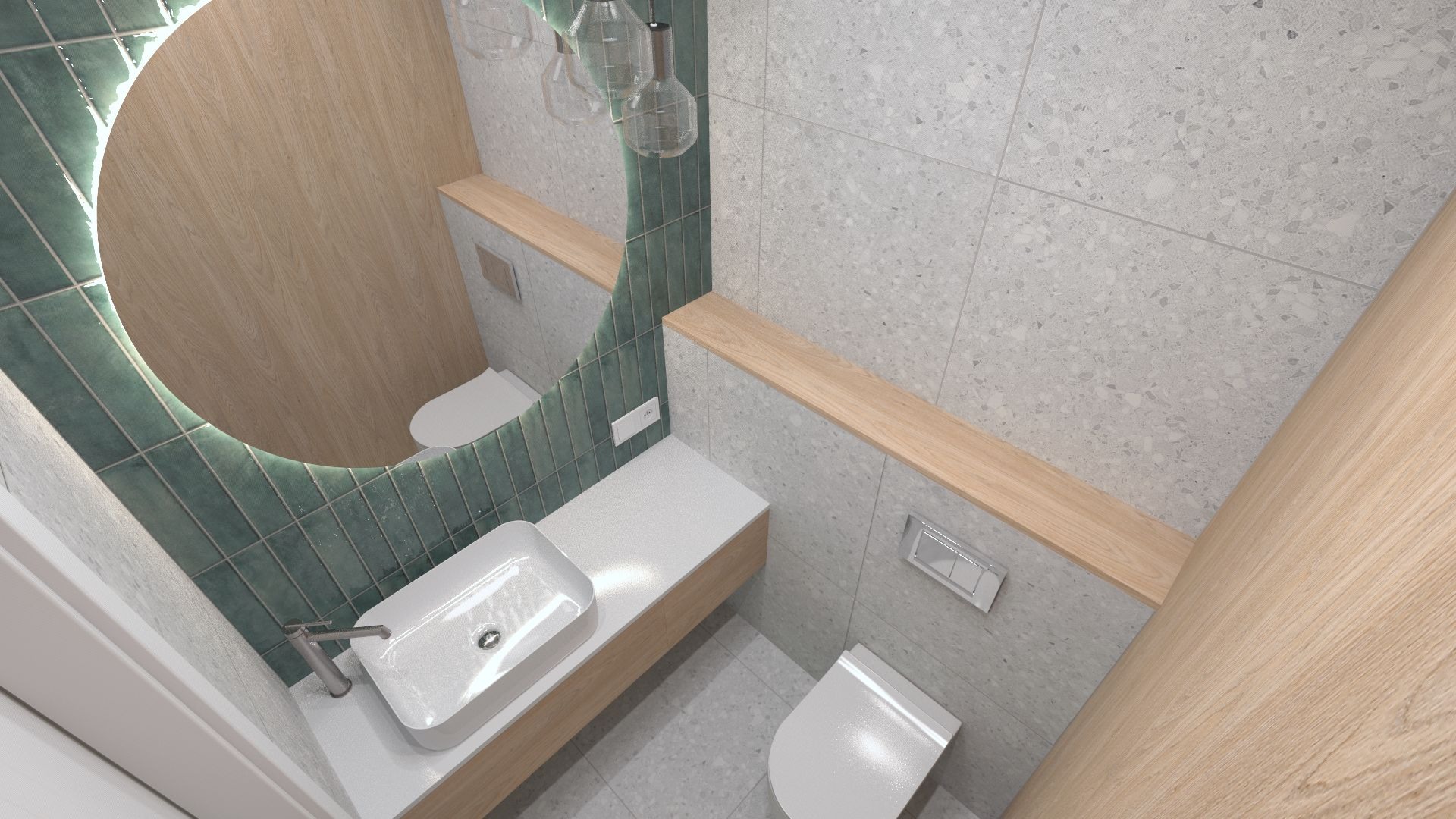 Wizualizacja małej łazienki z okrągłym lustrem podświetlonym zielonymi płytkami, umywalką nablatową, podwieszaną toaletą i półkami z jasnego drewna.